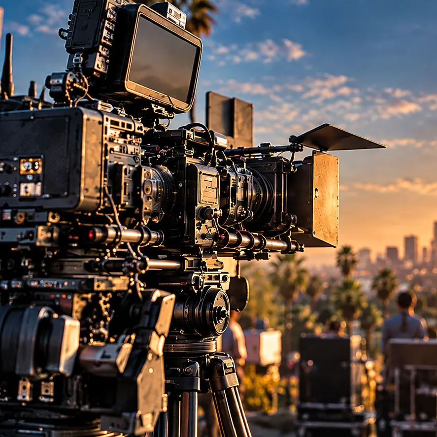 Cinema camera on set with the Los Angeles skyline at sunset