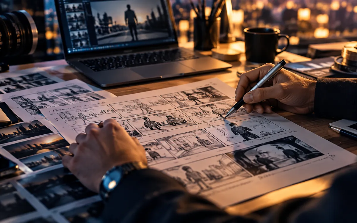 Hands drawing a storyboard on a desk at night
