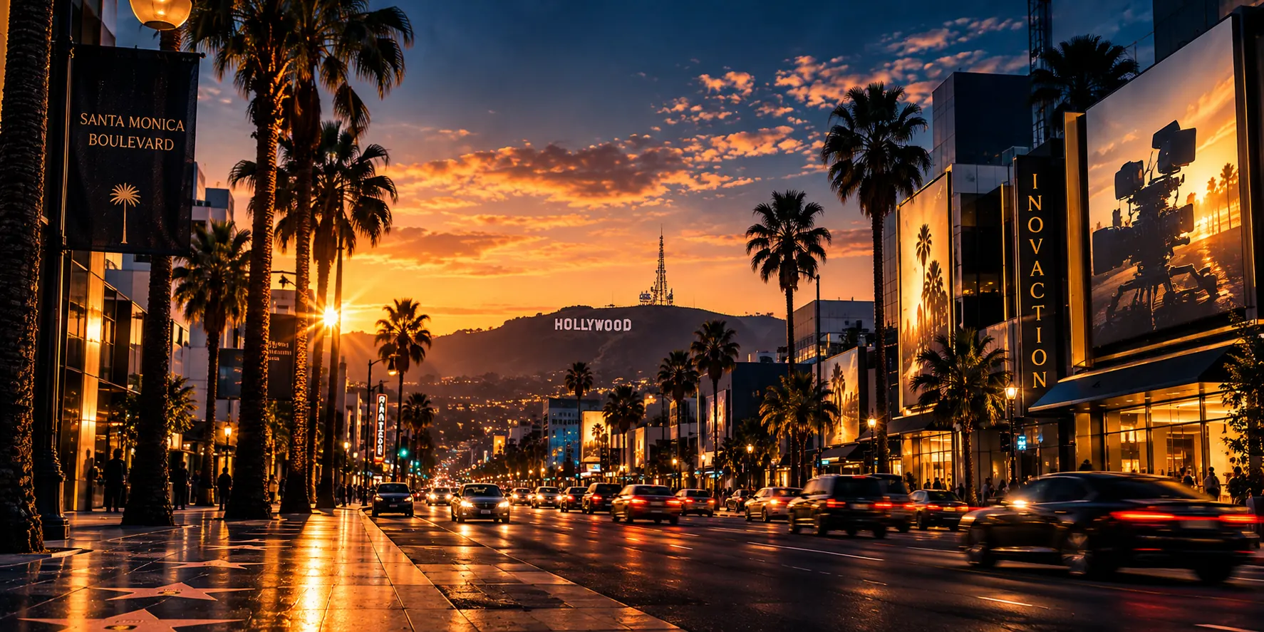 Hollywood boulevard at sunset with an iNovaction billboard