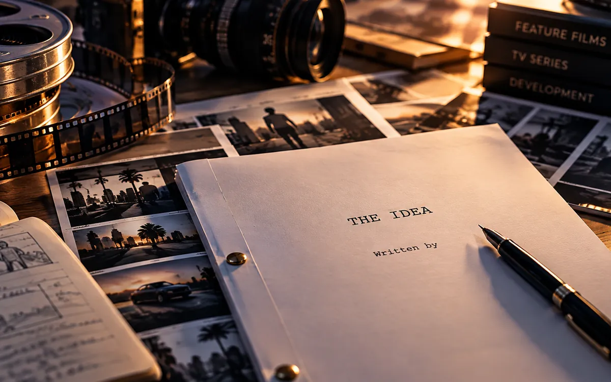 Screenplay titled The Idea with a fountain pen and film stills