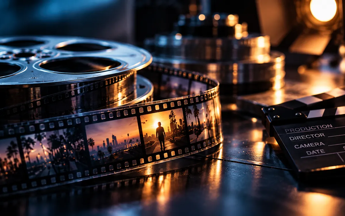 Film reels, film strip and clapperboard in warm light